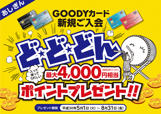 あしぎんGOODYカード新規ご入会でどどどん【最大4,000円相当(800ポイント)】ポイントプレゼント!! プレゼント期間(平成30年5月1日(火)〜8月31日(金))