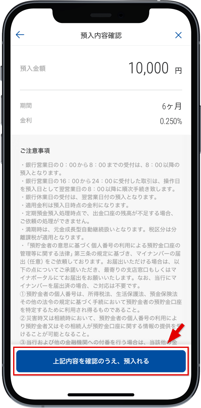 預入内容を確認し、「上記内容を確認のうえ、預入れる」をタップ