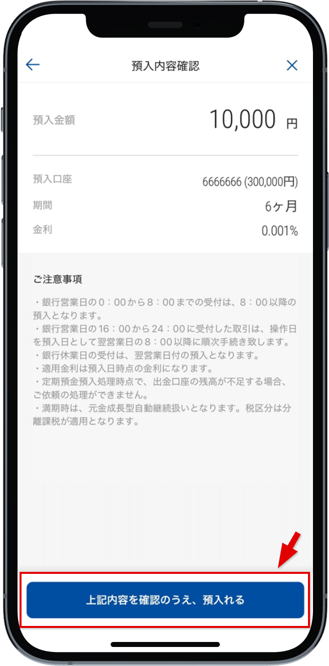 預入内容を確認し、「上記内容を確認のうえ、預入れる」をタップ