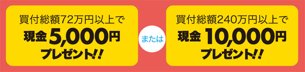 買付総額72万円以上で現金5,000円プレゼント!! または 買付総額240万円以上で現金10,000円プレゼント!!