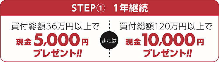 STEP1① 1年継続 買付総額36万円以上で、現金5,000円プレゼント!! または 買付総額120万円以上で、現金10,000円プレゼント!!