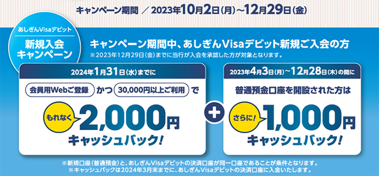 キャンペーン期間中、あしぎんVisaデビット新規ご入会の方※2023年12月29日(金)までに当行が入会を承認した方が対象となります。【2024年1月31日(水)までに (会員用Webご登録)かつ(30,000円以上ご利用)でもれなく2,000円キャッシュバック!】+【2023年4月3日(月)~12月28日(木)の間に 普通預金口座を開設された方はさらに1,000円キャッシュバック!】※新規口座(普通預金)と、あしぎんVisaデビットの決済口座が同一口座であることが条件となります。※キャッシュバックは2024年3月末までに、あしぎんVisaデビットの決済口座に入金いたします。