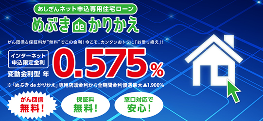 あしぎんネット申し込み専用住宅ローン　めぶきでかりかえ　ガン団信＆保証料が無料でこの金利！今こそ、カンタンおトクに「お借り換え」！　インターネット申込限定金利　変動金利型　年0.575％　※「めぶきでかりかえ」専用店頭金利から全期間金利優遇最大1.900％アップ　がん団信無料！保証料無料！窓口対応で安心！