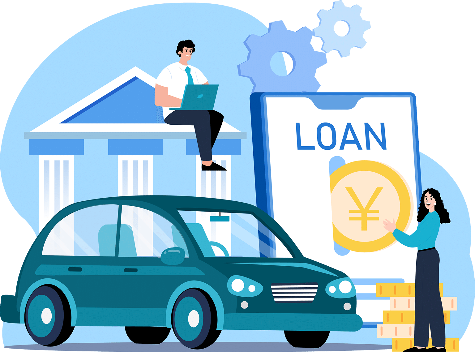 自家用車とお金を借り入れている女性のイラスト
