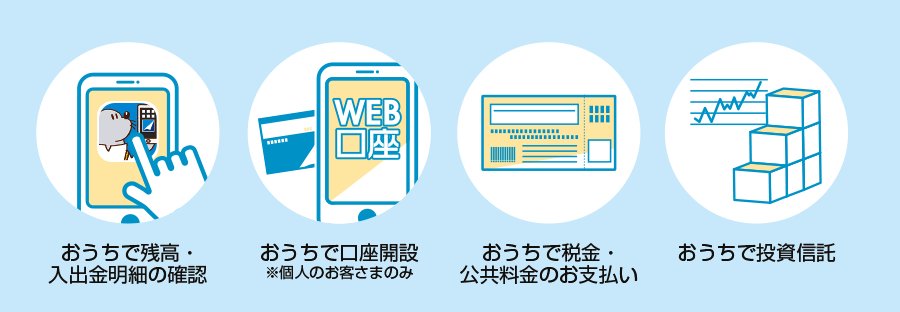 おうちで残高・入出金明細の確認。おうちで口座開設(個人のお客さまのみ)。おうちで税金・公共料金のお支払い。おうちで投資信託。