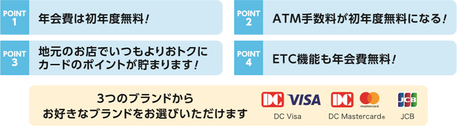 ポイント1:年会費は初年度無料。 ポイント2:ATM手数料が初年度無料になる。 ポイント3:地元のお店でいつもよりおトクにカードのポイントが貯まります。 ポイント4:ETC機能も年会費無料。 3つのブランドからお好きなブランドをお選びいただけます(DC Visa、DC Mastercard、JCB
