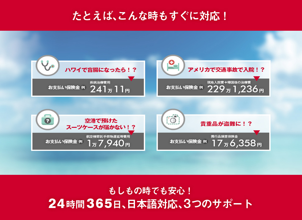 たとえば、こんな時もすぐに対応！「ハワイで盲腸になったら」「アメリカで交通事故で入院」｢空港で預けたスーツケースが届かない｣「貴重品が盗難に」