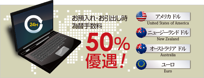 お預入れ・お引出し時の為替手数料50%優遇!